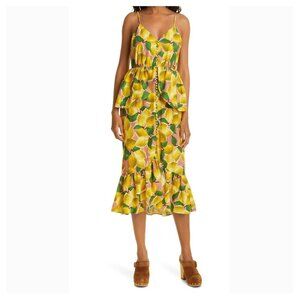 FARM RIO Fresh Lemons Ruffle Linen Midi Dress